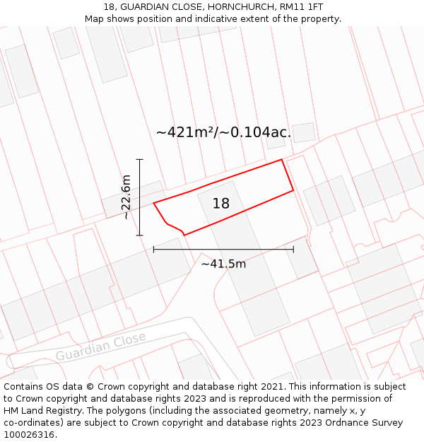 18, GUARDIAN CLOSE, HORNCHURCH, RM11 1FT: Plot and title map