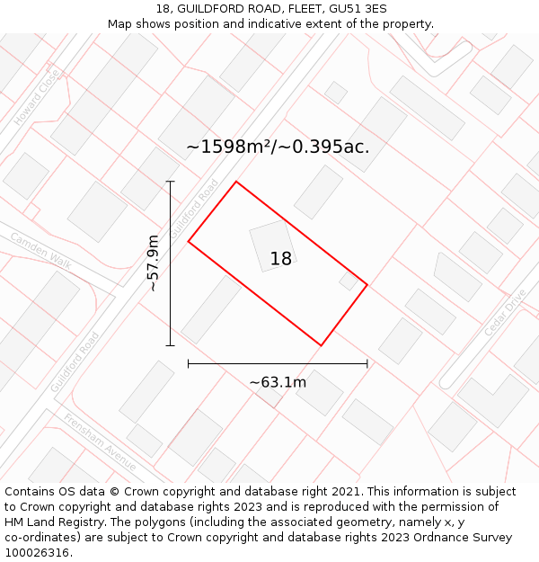 18, GUILDFORD ROAD, FLEET, GU51 3ES: Plot and title map