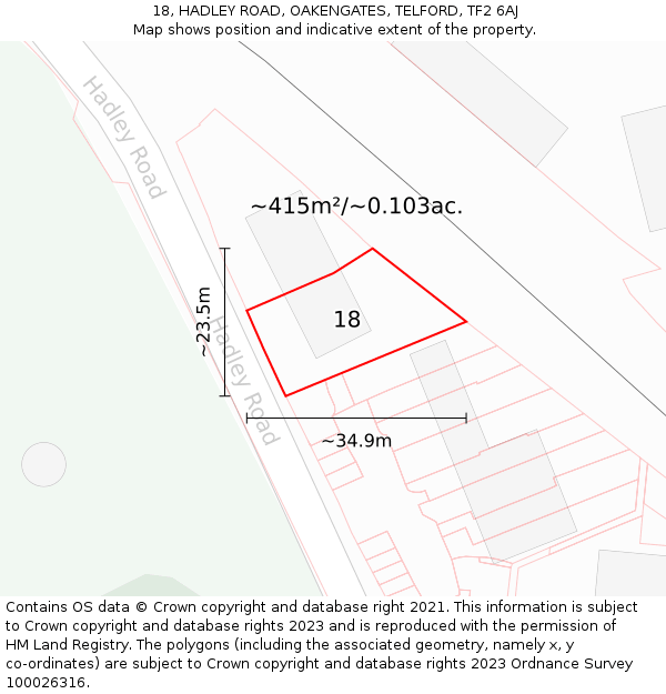 18, HADLEY ROAD, OAKENGATES, TELFORD, TF2 6AJ: Plot and title map