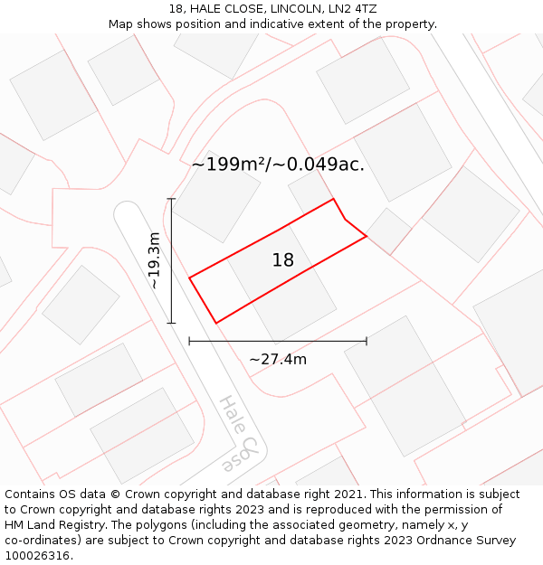 18, HALE CLOSE, LINCOLN, LN2 4TZ: Plot and title map