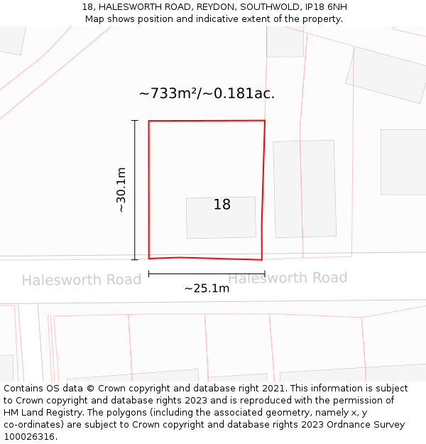 18, HALESWORTH ROAD, REYDON, SOUTHWOLD, IP18 6NH: Plot and title map