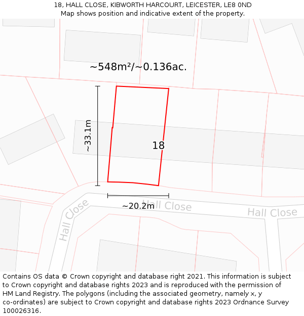 18, HALL CLOSE, KIBWORTH HARCOURT, LEICESTER, LE8 0ND: Plot and title map