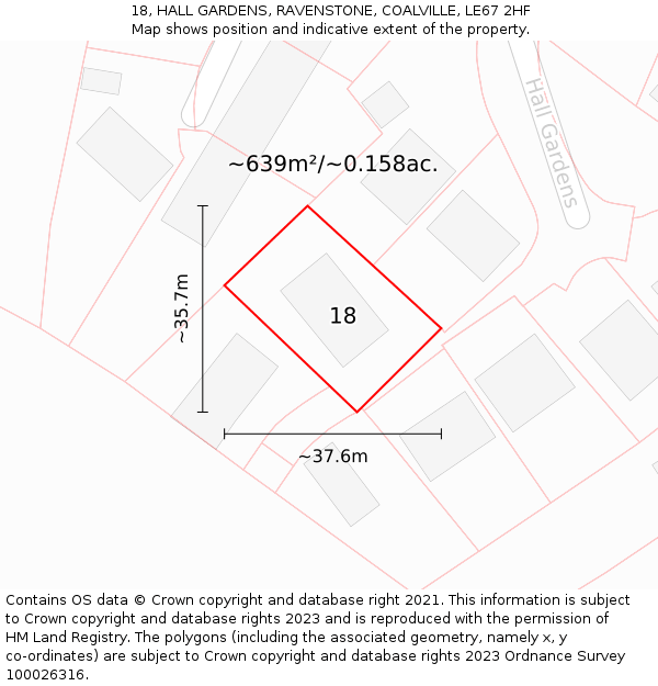 18, HALL GARDENS, RAVENSTONE, COALVILLE, LE67 2HF: Plot and title map