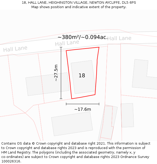 18, HALL LANE, HEIGHINGTON VILLAGE, NEWTON AYCLIFFE, DL5 6PS: Plot and title map