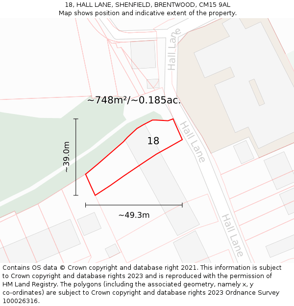18, HALL LANE, SHENFIELD, BRENTWOOD, CM15 9AL: Plot and title map