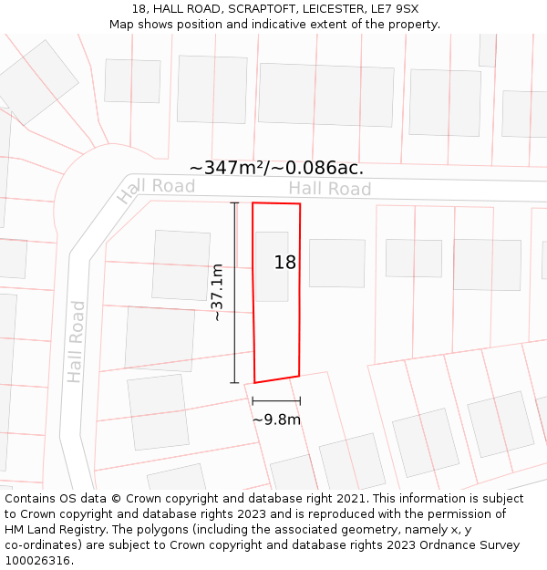 18, HALL ROAD, SCRAPTOFT, LEICESTER, LE7 9SX: Plot and title map