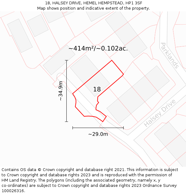 18, HALSEY DRIVE, HEMEL HEMPSTEAD, HP1 3SF: Plot and title map