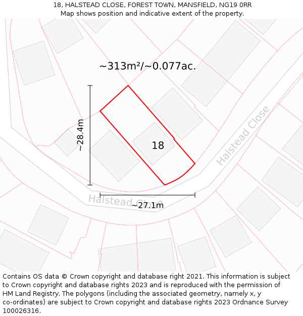 18, HALSTEAD CLOSE, FOREST TOWN, MANSFIELD, NG19 0RR: Plot and title map