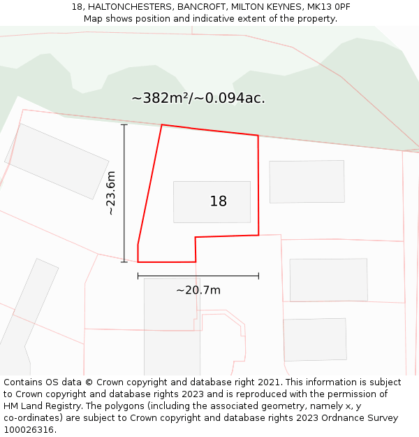 18, HALTONCHESTERS, BANCROFT, MILTON KEYNES, MK13 0PF: Plot and title map