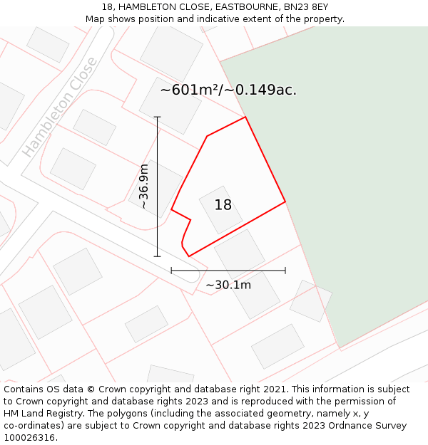 18, HAMBLETON CLOSE, EASTBOURNE, BN23 8EY: Plot and title map