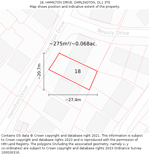 18, HAMILTON DRIVE, DARLINGTON, DL1 3TS: Plot and title map