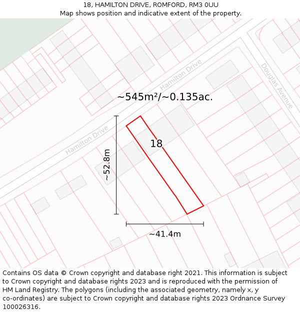 18, HAMILTON DRIVE, ROMFORD, RM3 0UU: Plot and title map