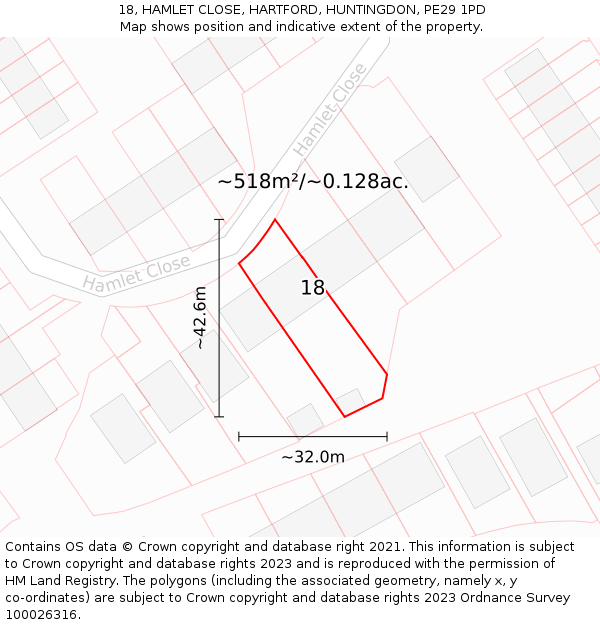 18, HAMLET CLOSE, HARTFORD, HUNTINGDON, PE29 1PD: Plot and title map