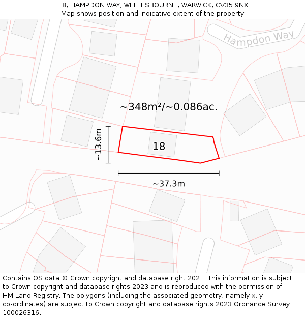 18, HAMPDON WAY, WELLESBOURNE, WARWICK, CV35 9NX: Plot and title map