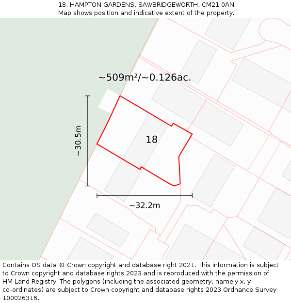 18, HAMPTON GARDENS, SAWBRIDGEWORTH, CM21 0AN: Plot and title map