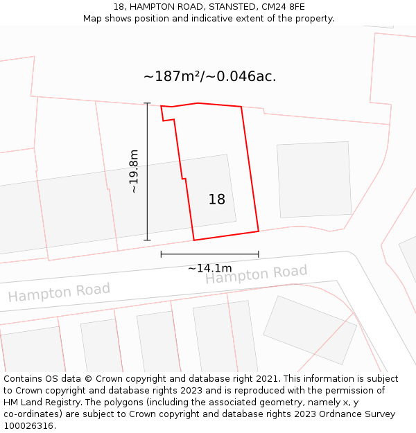 18, HAMPTON ROAD, STANSTED, CM24 8FE: Plot and title map