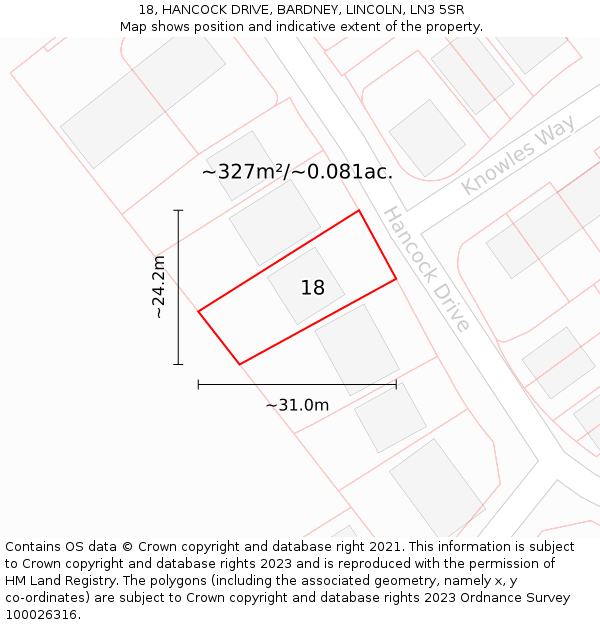 18, HANCOCK DRIVE, BARDNEY, LINCOLN, LN3 5SR: Plot and title map