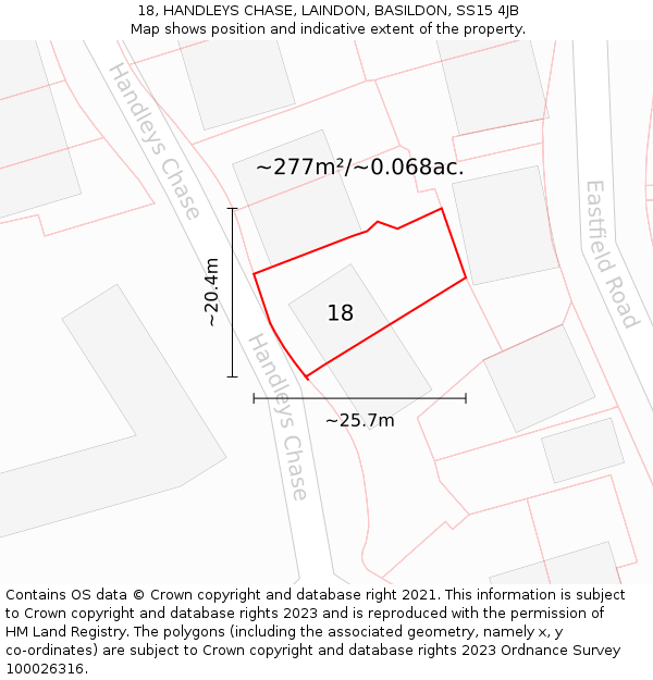 18, HANDLEYS CHASE, LAINDON, BASILDON, SS15 4JB: Plot and title map