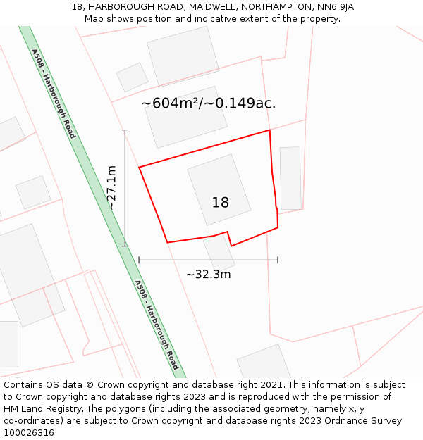 18, HARBOROUGH ROAD, MAIDWELL, NORTHAMPTON, NN6 9JA: Plot and title map