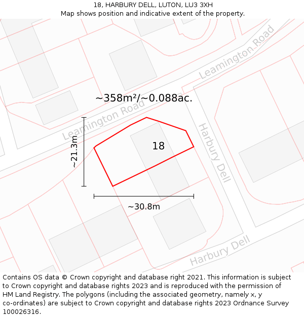 18, HARBURY DELL, LUTON, LU3 3XH: Plot and title map