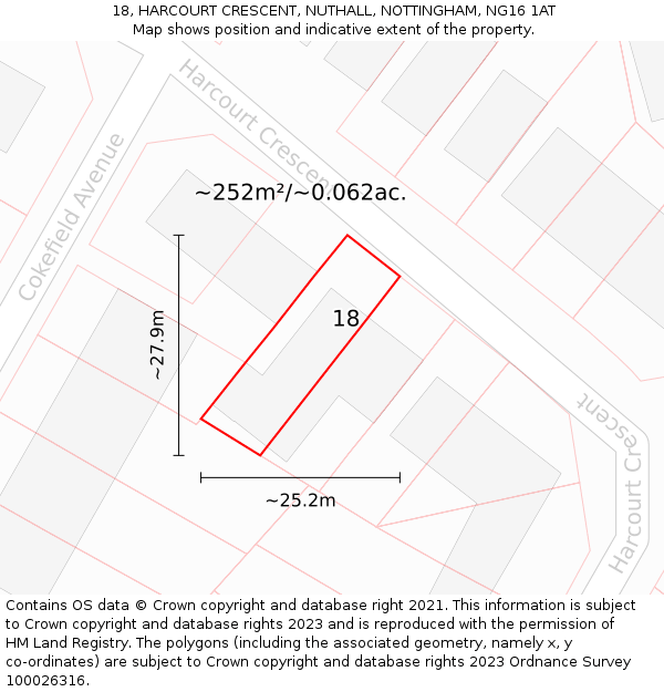 18, HARCOURT CRESCENT, NUTHALL, NOTTINGHAM, NG16 1AT: Plot and title map
