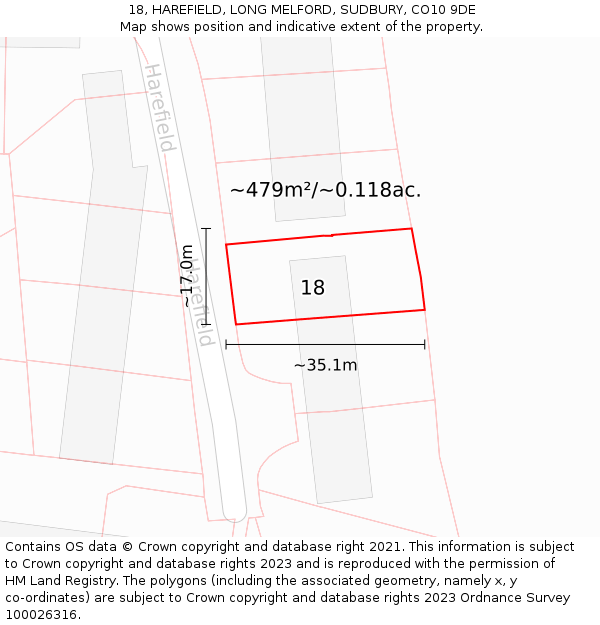 18, HAREFIELD, LONG MELFORD, SUDBURY, CO10 9DE: Plot and title map