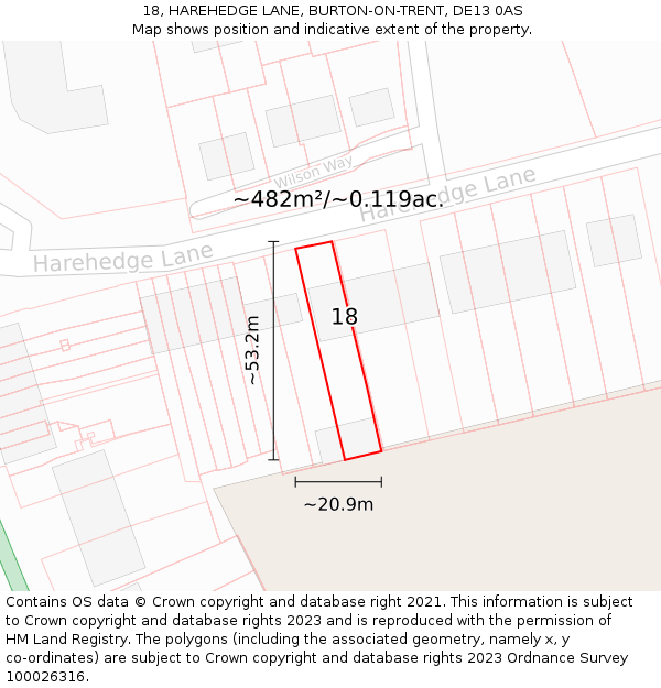 18, HAREHEDGE LANE, BURTON-ON-TRENT, DE13 0AS: Plot and title map
