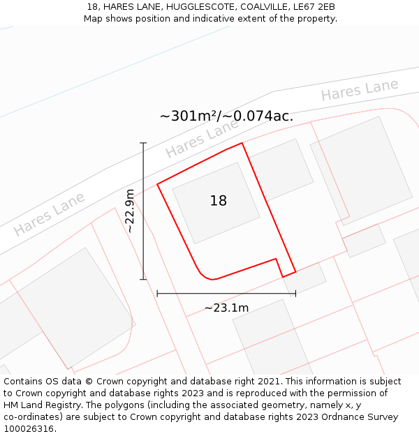 18, HARES LANE, HUGGLESCOTE, COALVILLE, LE67 2EB: Plot and title map