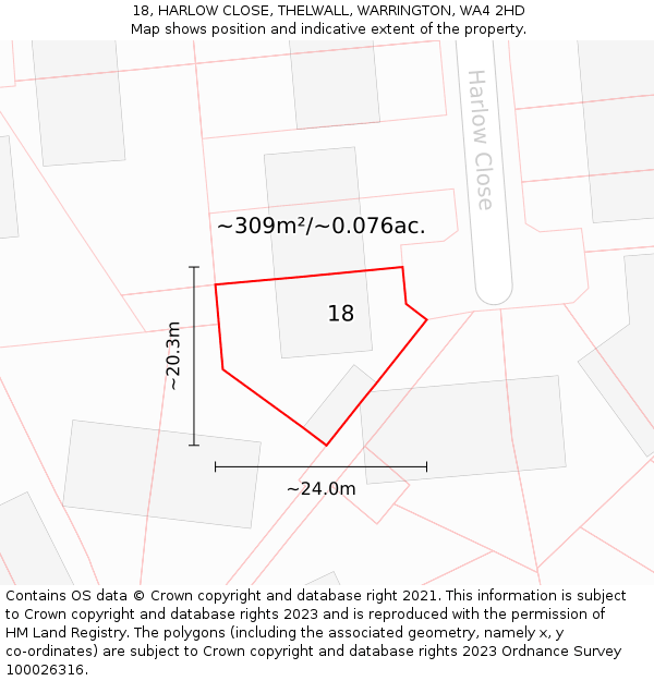 18, HARLOW CLOSE, THELWALL, WARRINGTON, WA4 2HD: Plot and title map