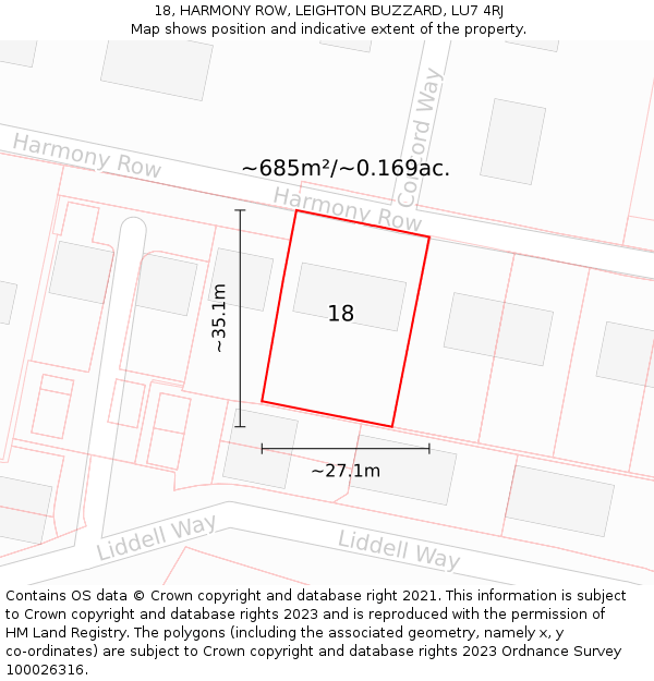 18, HARMONY ROW, LEIGHTON BUZZARD, LU7 4RJ: Plot and title map