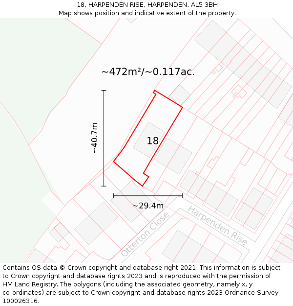 18, HARPENDEN RISE, HARPENDEN, AL5 3BH: Plot and title map
