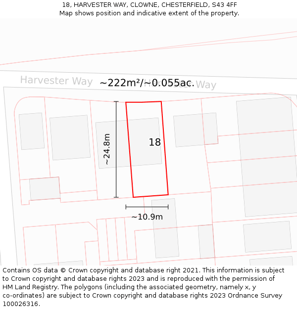18, HARVESTER WAY, CLOWNE, CHESTERFIELD, S43 4FF: Plot and title map