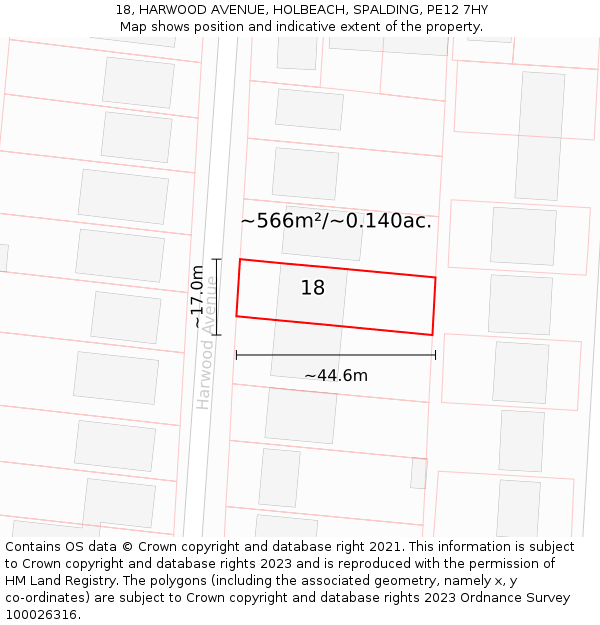 18, HARWOOD AVENUE, HOLBEACH, SPALDING, PE12 7HY: Plot and title map