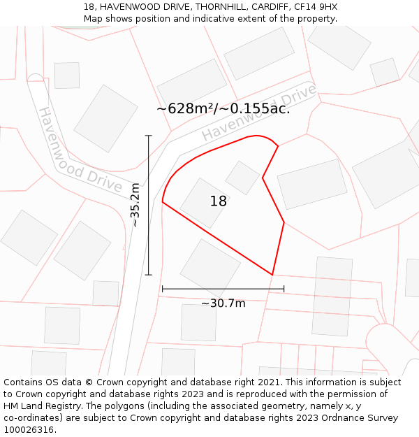 18, HAVENWOOD DRIVE, THORNHILL, CARDIFF, CF14 9HX: Plot and title map