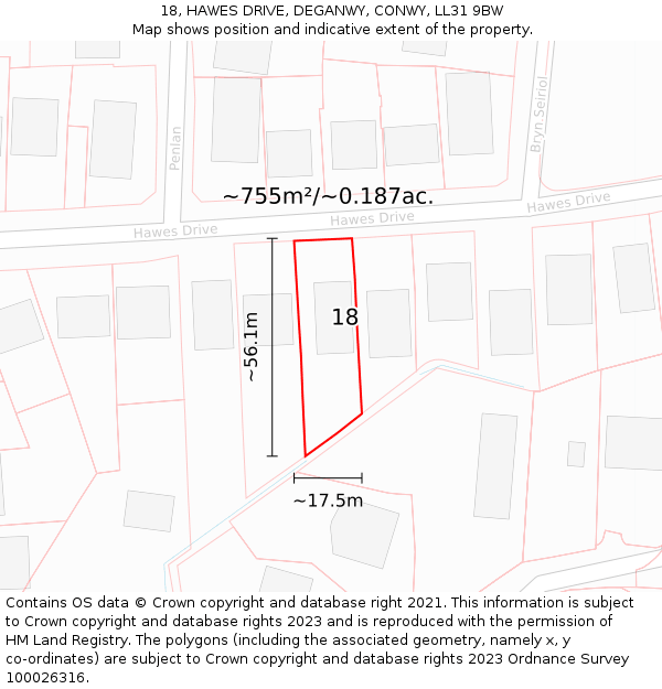 18, HAWES DRIVE, DEGANWY, CONWY, LL31 9BW: Plot and title map