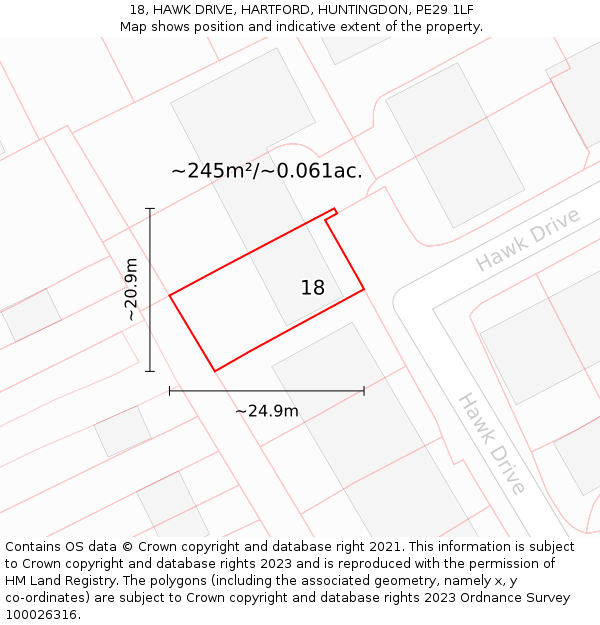 18, HAWK DRIVE, HARTFORD, HUNTINGDON, PE29 1LF: Plot and title map