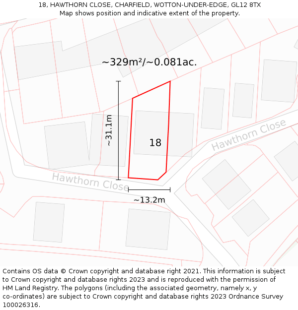 18, HAWTHORN CLOSE, CHARFIELD, WOTTON-UNDER-EDGE, GL12 8TX: Plot and title map