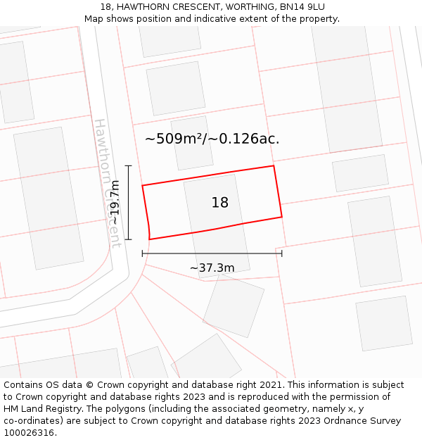 18, HAWTHORN CRESCENT, WORTHING, BN14 9LU: Plot and title map
