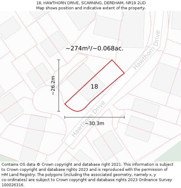 18, HAWTHORN DRIVE, SCARNING, DEREHAM, NR19 2UD: Plot and title map