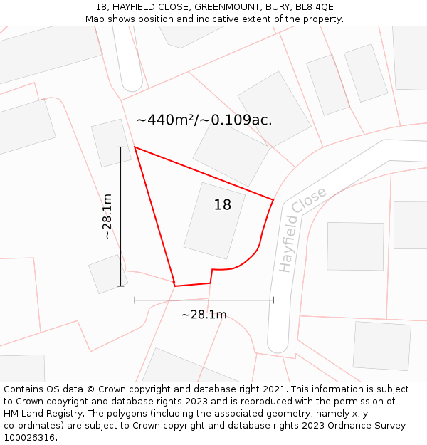 18, HAYFIELD CLOSE, GREENMOUNT, BURY, BL8 4QE: Plot and title map