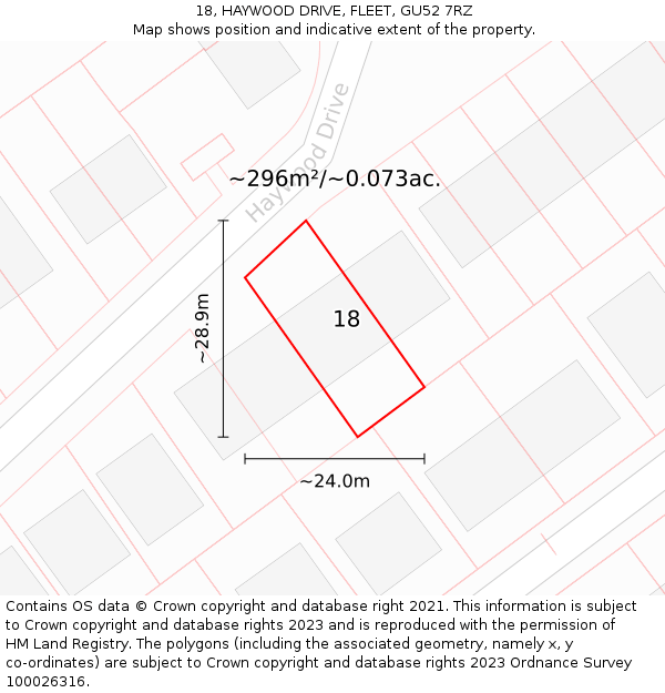18, HAYWOOD DRIVE, FLEET, GU52 7RZ: Plot and title map