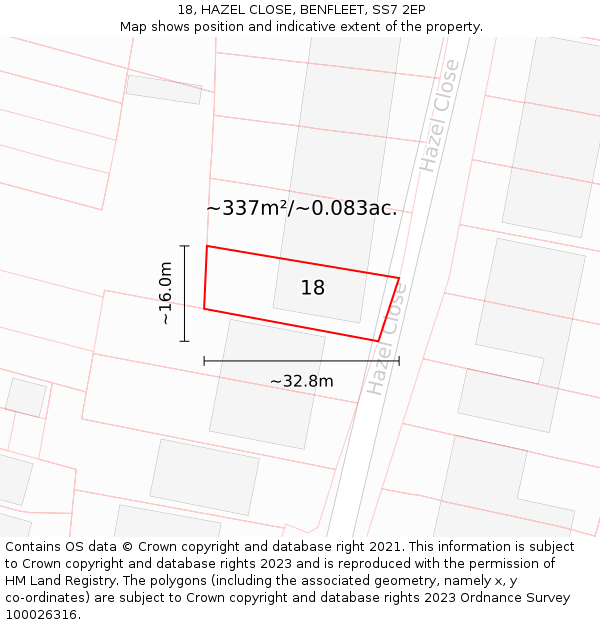 18, HAZEL CLOSE, BENFLEET, SS7 2EP: Plot and title map