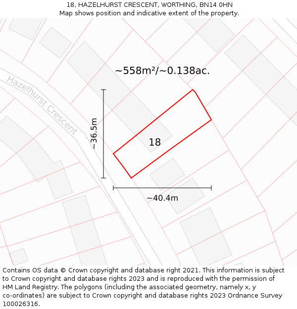 18, HAZELHURST CRESCENT, WORTHING, BN14 0HN: Plot and title map