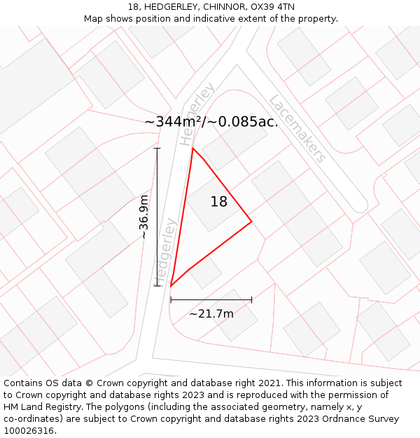 18, HEDGERLEY, CHINNOR, OX39 4TN: Plot and title map