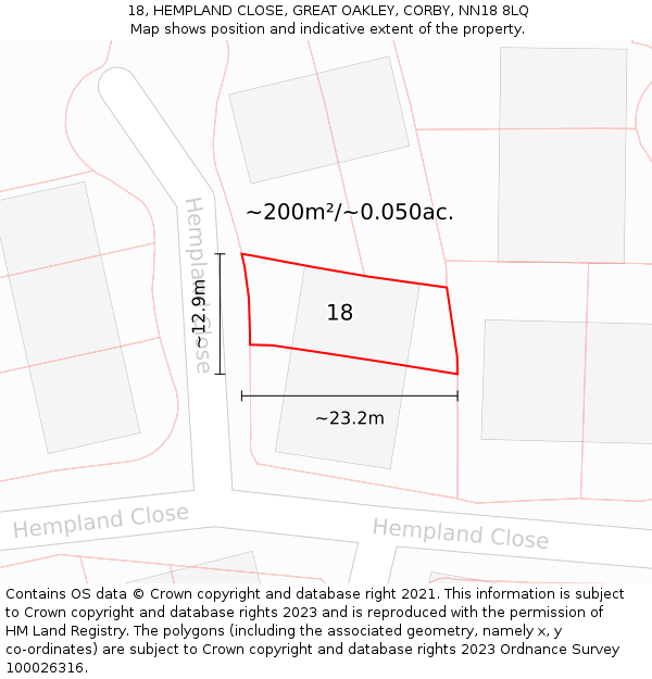 18, HEMPLAND CLOSE, GREAT OAKLEY, CORBY, NN18 8LQ: Plot and title map