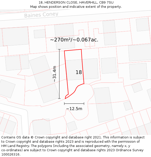 18, HENDERSON CLOSE, HAVERHILL, CB9 7SU: Plot and title map