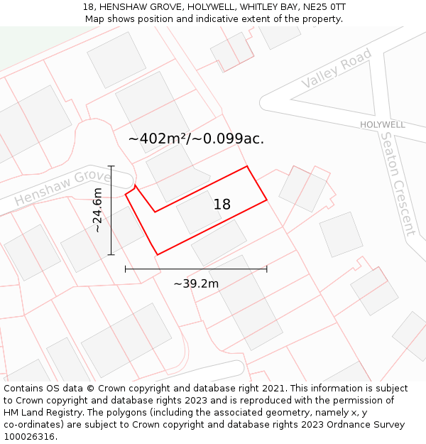 18, HENSHAW GROVE, HOLYWELL, WHITLEY BAY, NE25 0TT: Plot and title map