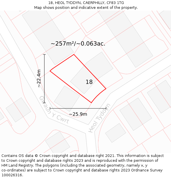 18, HEOL TYDDYN, CAERPHILLY, CF83 1TG: Plot and title map