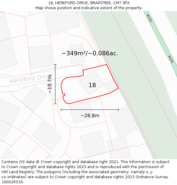 18, HEREFORD DRIVE, BRAINTREE, CM7 9FX: Plot and title map
