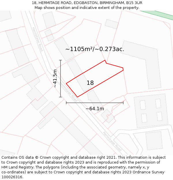 18, HERMITAGE ROAD, EDGBASTON, BIRMINGHAM, B15 3UR: Plot and title map